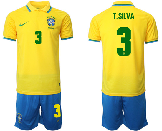 Men's Brazil #3 T. Silva Yellow Home Soccer Jersey Suit